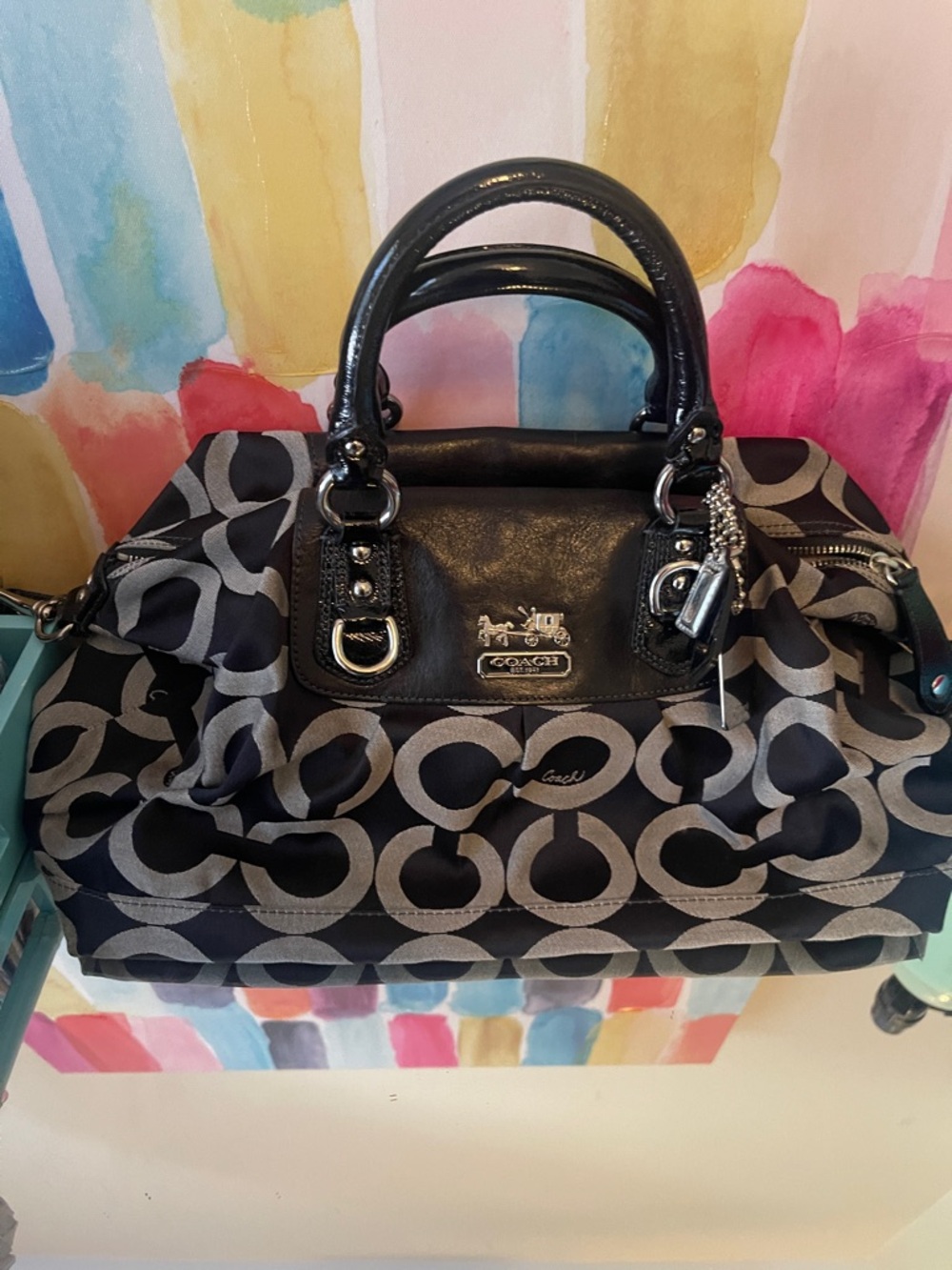 Coach Black and Gray Signature Satchel with Top Handles